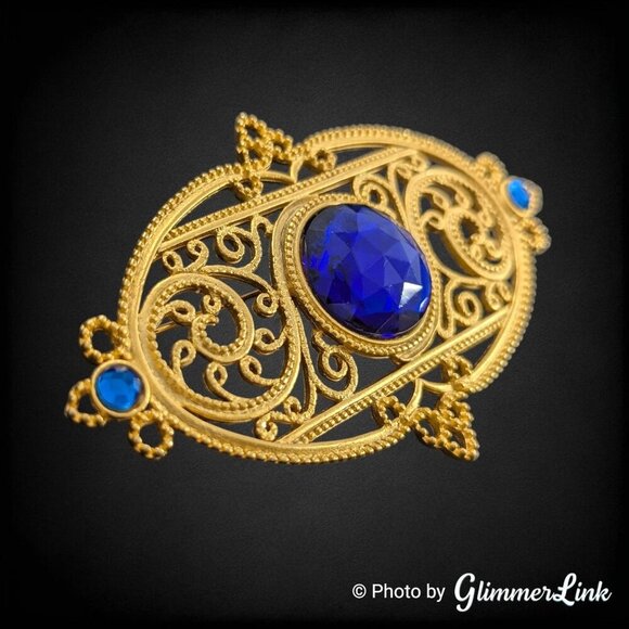 VTG Jonette Jewelry JJ Oval Filigree Blue Stone Edwardian Style Gold Tone Brooch - Picture 2 of 7